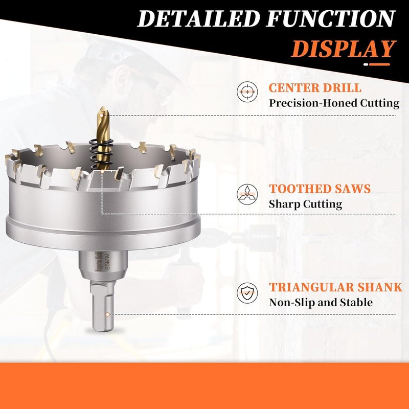 METALLIXITY Hole Saw 85mm (3-3/8"), Heavy Duty Tungsten Carbide with Center Drill Bit Hex Key Spring - Hole Cutters for Thick Stainless Steel Steel Metal Plates. Silver - Image 3